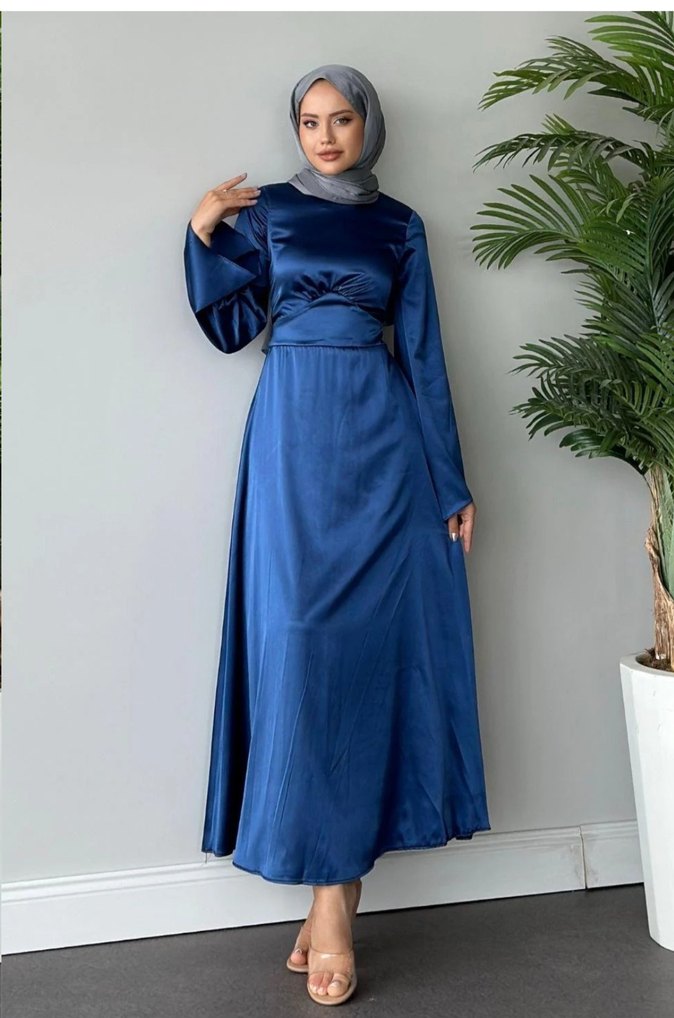 Kadın Lacivert Uzun Kollu Saten Elbise 36 beden 1 kez giyilmiş - Görsel 3