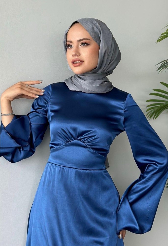 Kadın Lacivert Uzun Kollu Saten Elbise 36 beden 1 kez giyilmiş - Görsel 2