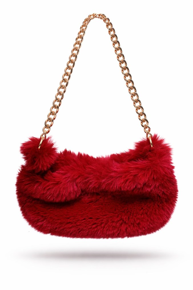 Kırmızı Kürklü Kadın Çanta + Anahtarlık hediye - Görsel 2