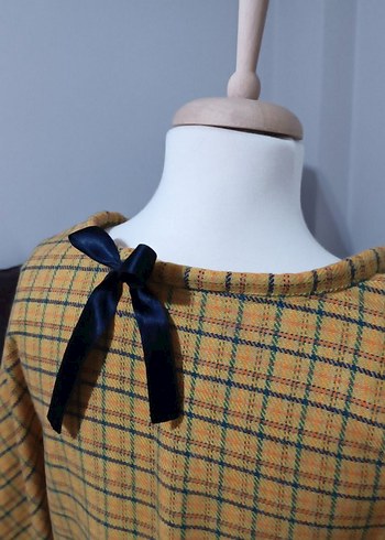 Düğmeli Sarı Ekose Kadın Panço - Görsel 4