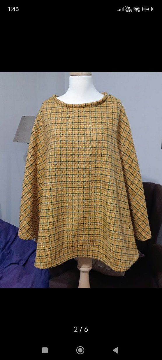 Düğmeli Sarı Ekose Kadın Panço - Görsel 2