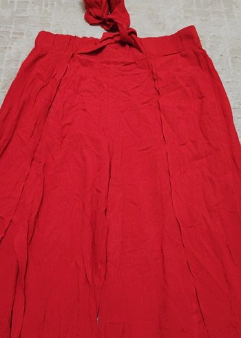 Kırmızı Bol Kesim Keten Kadın Pantolon - Görsel 3