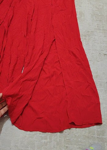 Kırmızı Bol Kesim Keten Kadın Pantolon - Görsel 2