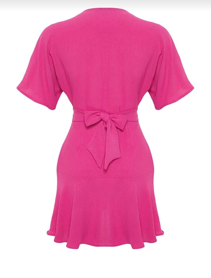 Pembe Mini V Yaka Volanlı Elbise - Görsel 2