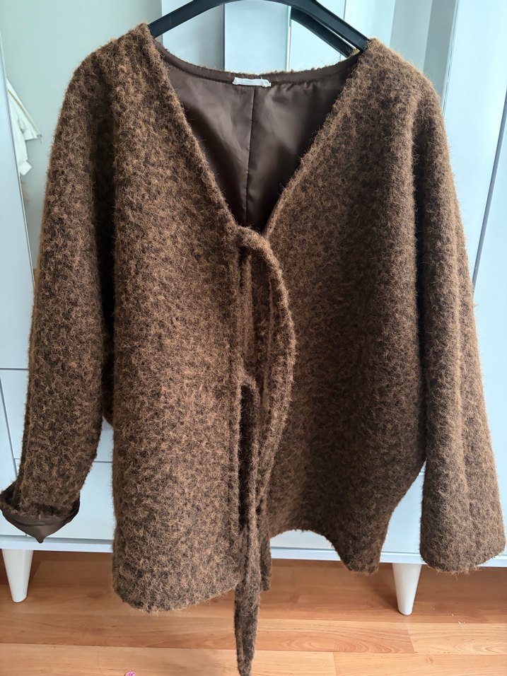 Kahverengi Örgü Yün  Kaban - Görsel 2