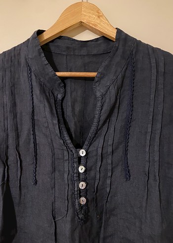 Düğmeli Kısa Kollu Keten Gömlek - Görsel 2