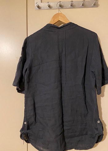 Düğmeli Kısa Kollu Keten Gömlek - Görsel 3