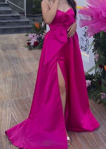 Parlak Pembe Straplez Uzun Kadın Abiye - Görsel 2