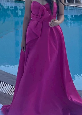 Parlak Pembe Straplez Uzun Kadın Abiye - Görsel 3