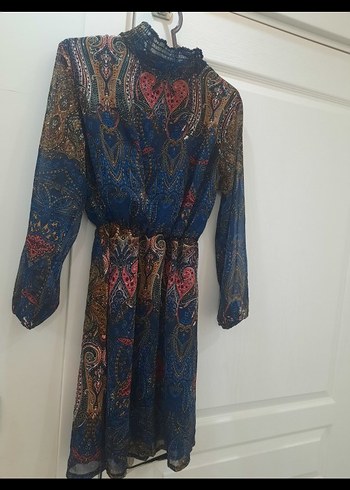 Bohem Uzun Kollu Desenli Kuşaklı Elbise - Görsel 4