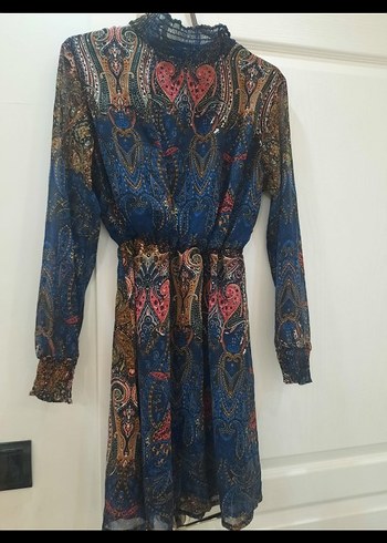 Bohem Uzun Kollu Desenli Kuşaklı Elbise - Görsel 2