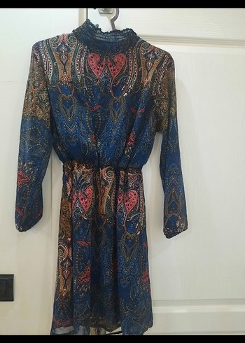 Bohem Uzun Kollu Desenli Kuşaklı Elbise - Görsel 5