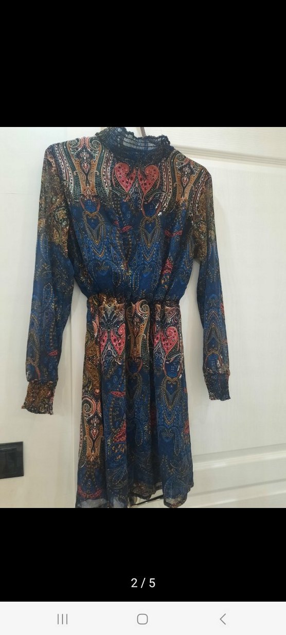 Bohem Uzun Kollu Desenli Kuşaklı Elbise - Görsel 2