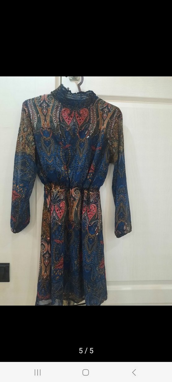 Bohem Uzun Kollu Desenli Kuşaklı Elbise - Görsel 5