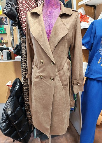 Kahverengi Süet Kadın Uzun Trençkot - Görsel 4