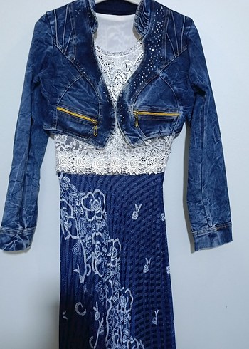 Diğer Lacivert Dantel Detayli Uzun Elbise Denim Ceket