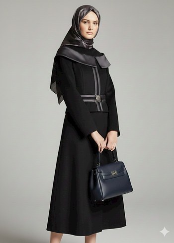 Kemerli Siyah Uzun Kadın Kaban - Görsel 4