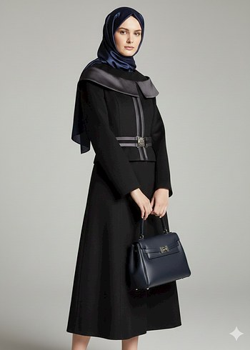 Kemerli Siyah Uzun Kadın Kaban - Görsel 5