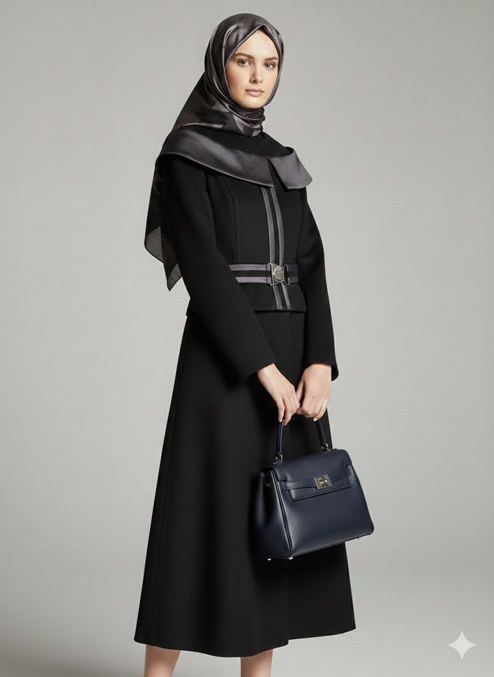 Kemerli Siyah Uzun Kadın Kaban - Görsel 4