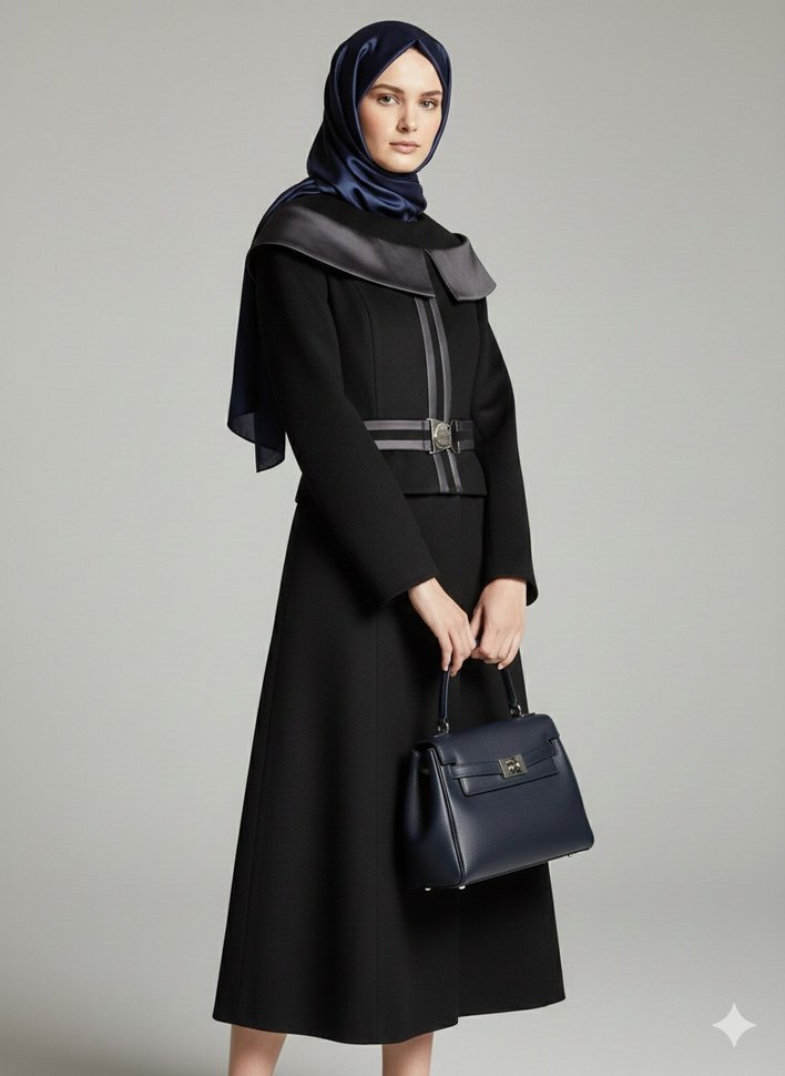 Kemerli Siyah Uzun Kadın Kaban - Görsel 5