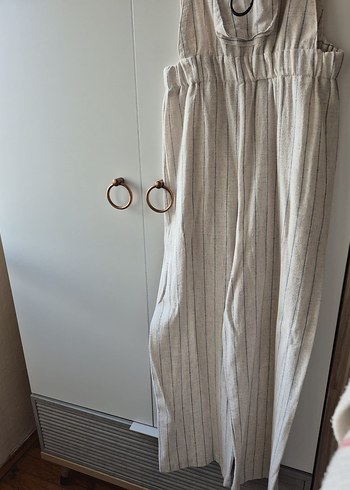 Kadın Bej Keten Uzun Askılı Bol Tulum - Görsel 3