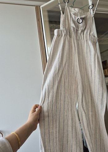Kadın Bej Keten Uzun Askılı Bol Tulum - Görsel 2