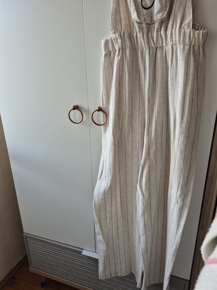 Kadın Bej Keten Uzun Askılı Bol Tulum - Görsel 3