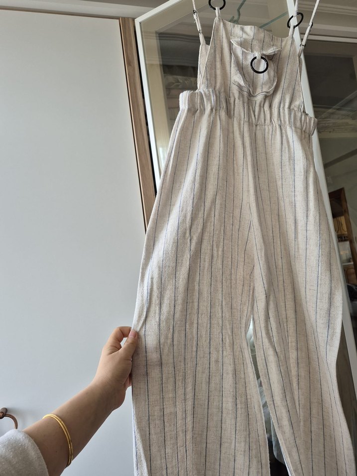 Kadın Bej Keten Uzun Askılı Bol Tulum - Görsel 2