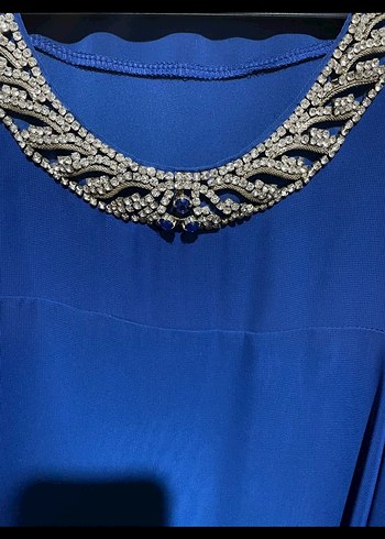 Mavi Uzun Kollu Kadın Abiye Elbise - Görsel 3