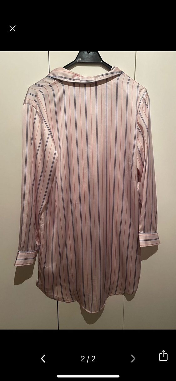 Pembe Çizgili Uzun Kollu V Yakalı Kadın Gömlek Pijama - Görsel 2