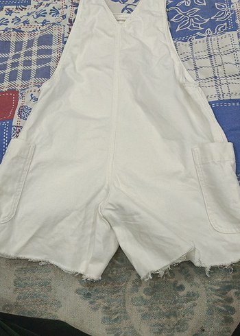 Kadın Beyaz Mini Dantelli Koton Salopet - Görsel 2