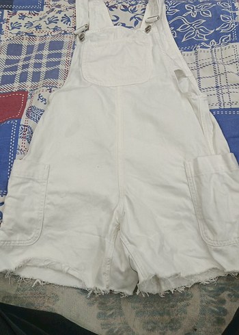 Kadın Beyaz Mini Dantelli Koton Salopet - Görsel 3