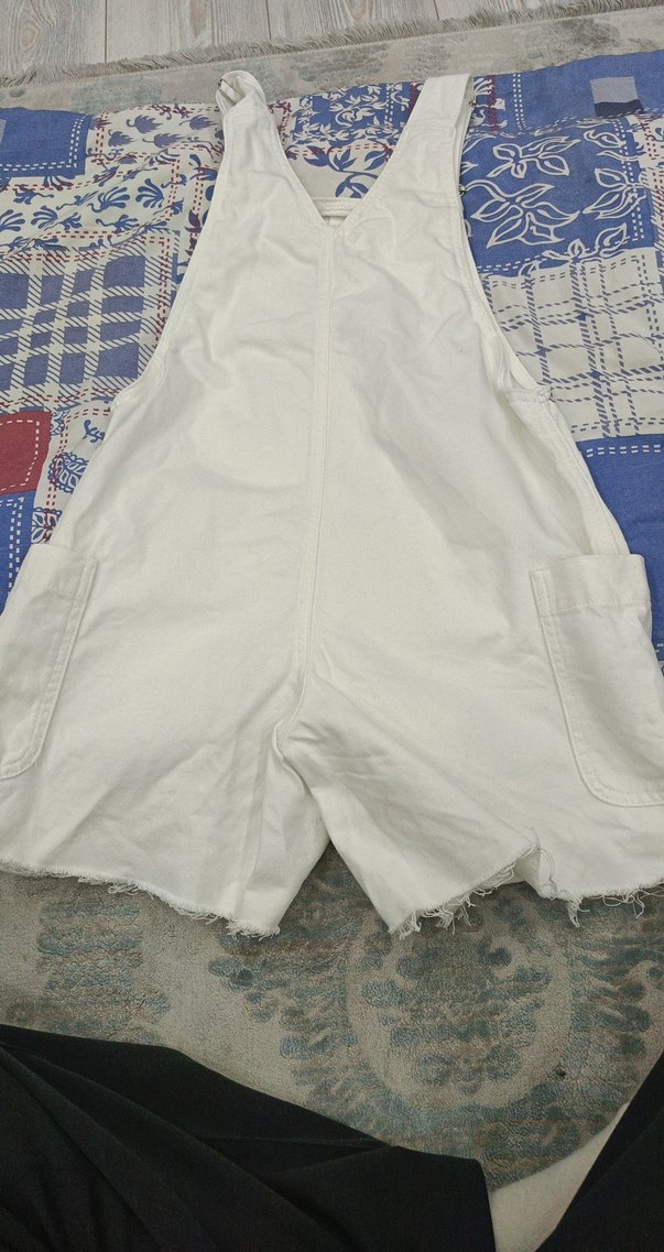 Kadın Beyaz Mini Dantelli Koton Salopet - Görsel 2