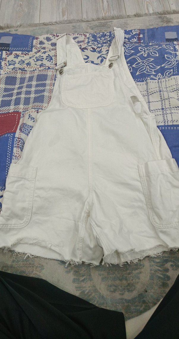 Kadın Beyaz Mini Dantelli Koton Salopet - Görsel 3