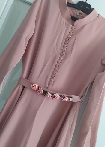 Düğmeli Pembe Uzun Kadın Elbise - Görsel 2