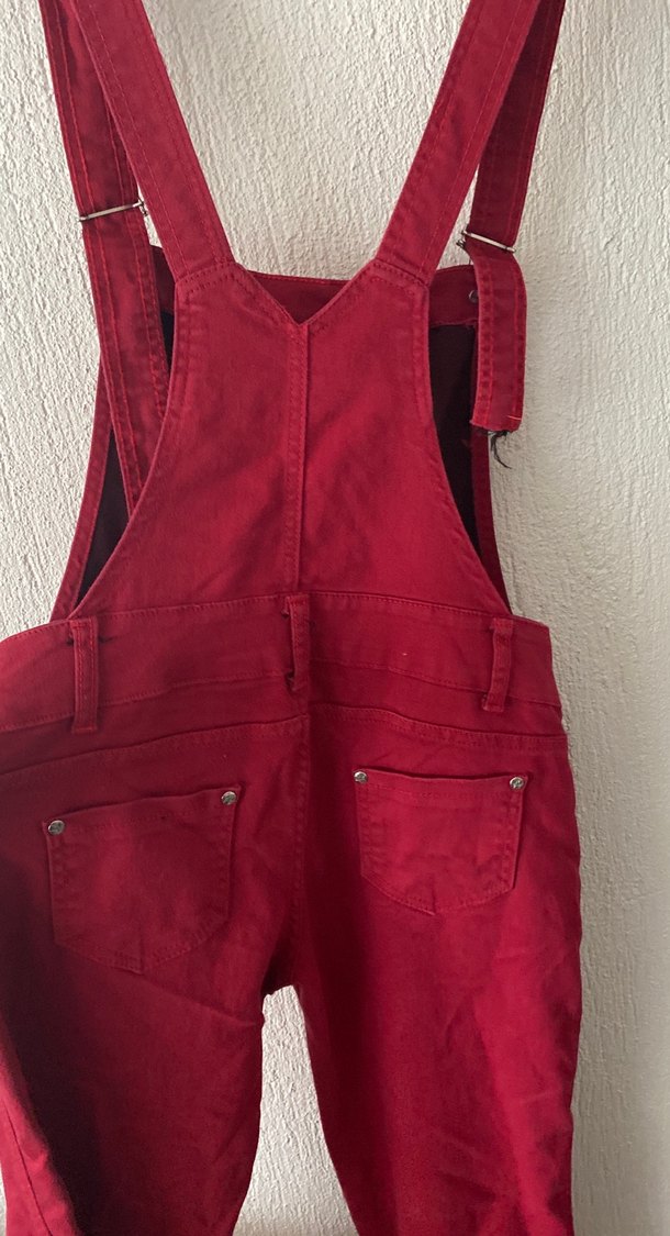 Bordo Düğmeli Kadın Midi Askılı Tulum - Görsel 4