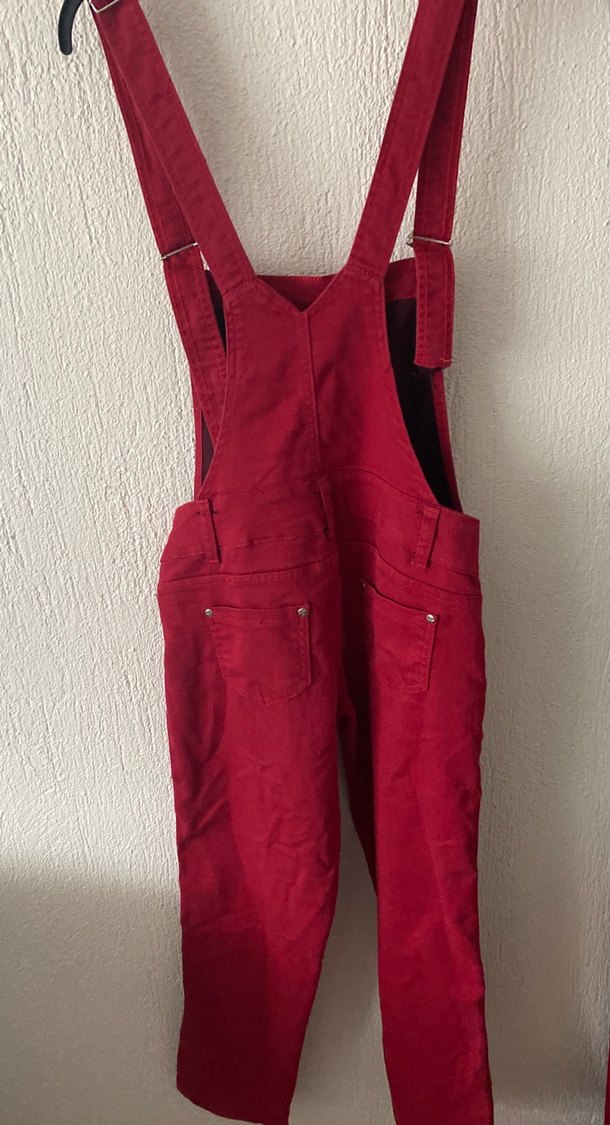 Bordo Düğmeli Kadın Midi Askılı Tulum - Görsel 5