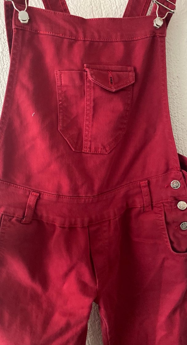 Bordo Düğmeli Kadın Midi Askılı Tulum - Görsel 2