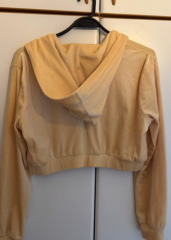 Açık sarı Kadın Süet V-Yaka Kapüşonlu Sweatshirt - Görsel 3