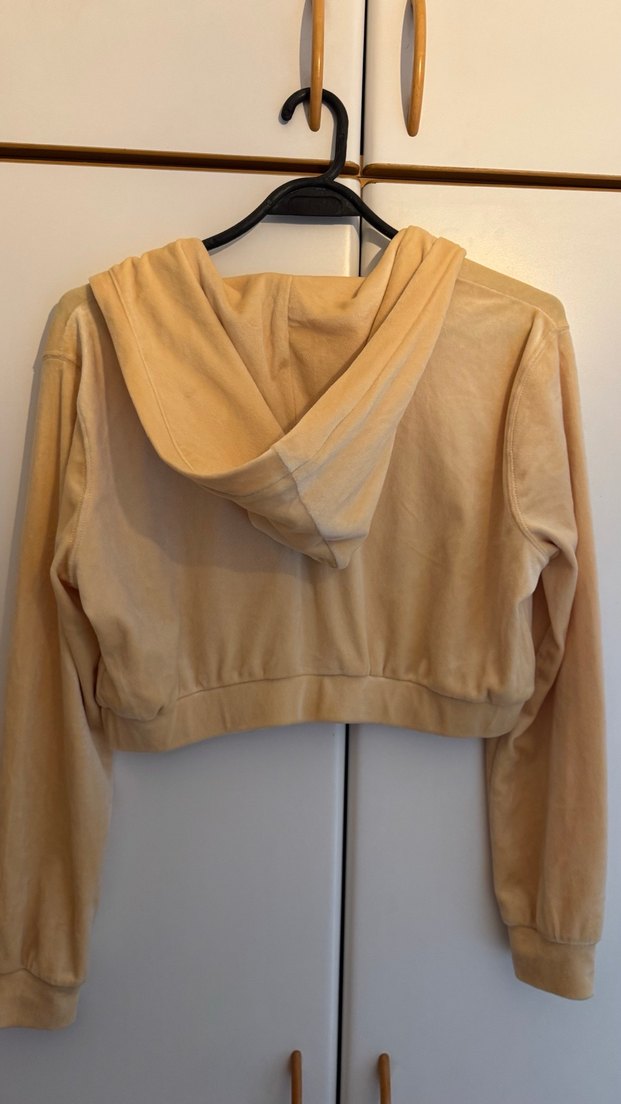 Açık sarı Kadın Süet V-Yaka Kapüşonlu Sweatshirt - Görsel 3