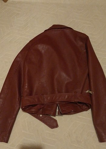 Kemerli bordo Kadın Deri Biker Ceket - Görsel 2
