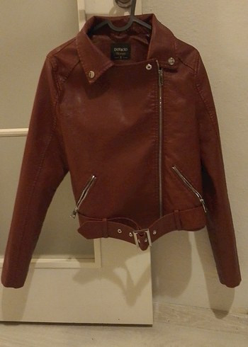 Kemerli bordo Kadın Deri Biker Ceket - Görsel 4