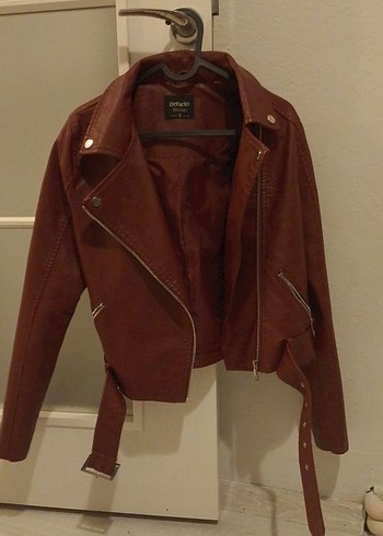 Kemerli bordo Kadın Deri Biker Ceket - Görsel 3