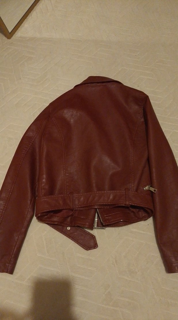 Kemerli bordo Kadın Deri Biker Ceket - Görsel 2