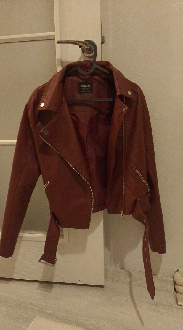 Kemerli bordo Kadın Deri Biker Ceket - Görsel 3