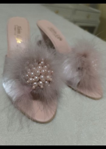 pudra pembesi Topuklu Kadın Terlik, Tüylü Detaylı - Görsel 3