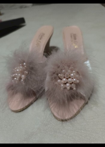 pudra pembesi Topuklu Kadın Terlik, Tüylü Detaylı - Görsel 4