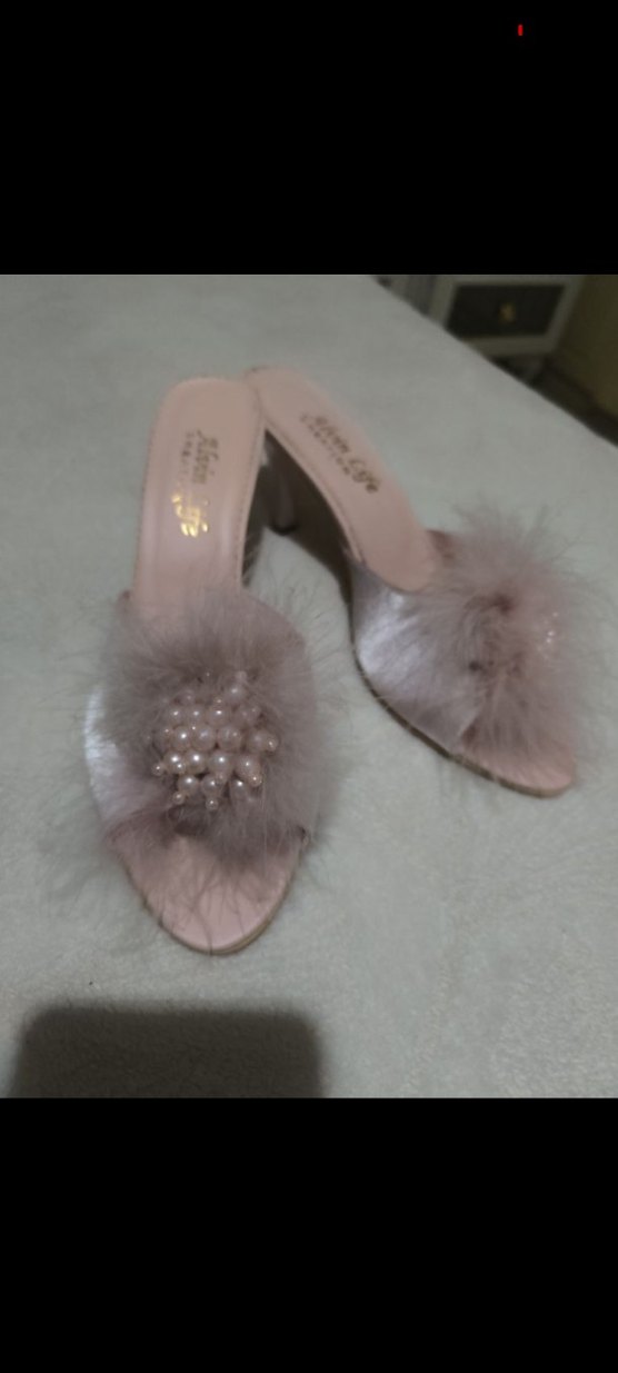 pudra pembesi Topuklu Kadın Terlik, Tüylü Detaylı - Görsel 5