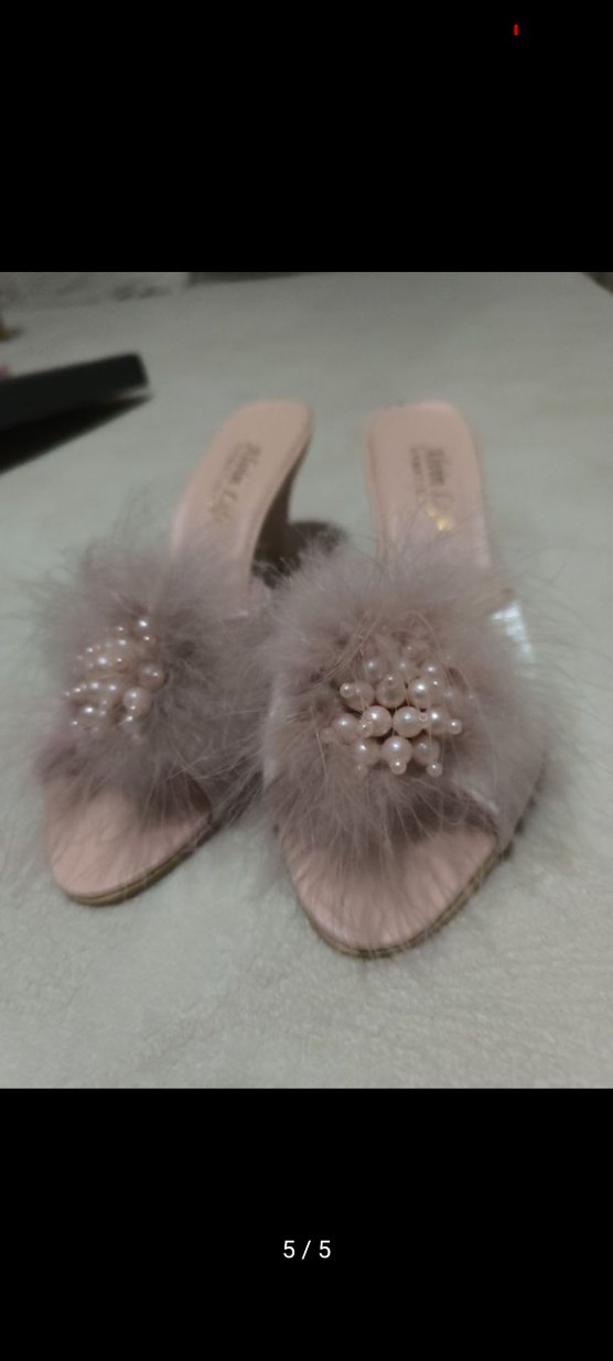 pudra pembesi Topuklu Kadın Terlik, Tüylü Detaylı - Görsel 4