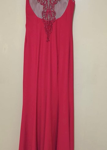 İnci İşlemeli Kırmızı Uzun Abiye Elbise - Görsel 2